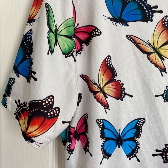 Womens Butterfly Print Short Sleeve Button-Up Shorts Jumpsuit - Picture 2 of 4